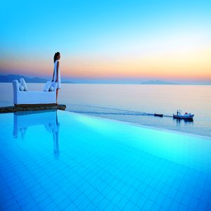 Two-tiered outdoor pool with Aegean Sea views