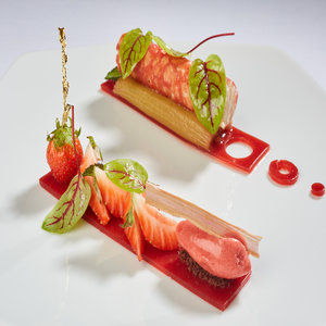 Strawberry & Rhubarb - Vanilla Rice Pudding, poached Rhubarb, Strawberry in Aspic