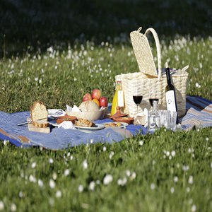 Picnic basket with local delicacies and wine