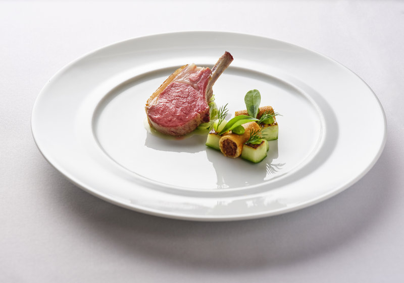 Roast rack of Dorset lamb, confit lamb breast, cucumber, dill